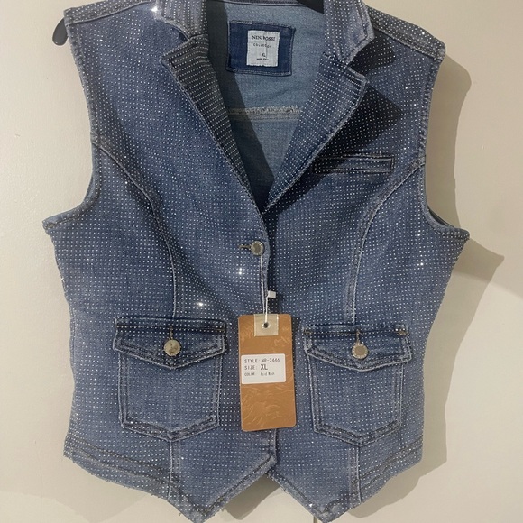 Nina Rossi Jackets & Blazers - Studded Denim Vest with Crystal Accents